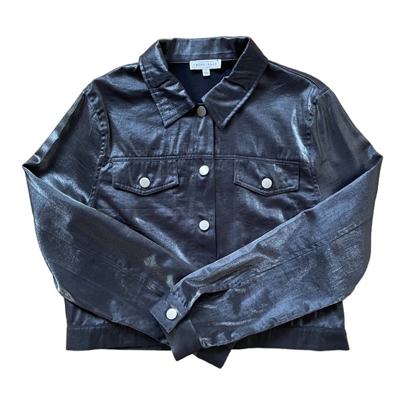 Gunmetal Iridescent Sheen Cropped Collared Button Up Jacket Large - Picture 2 of 8